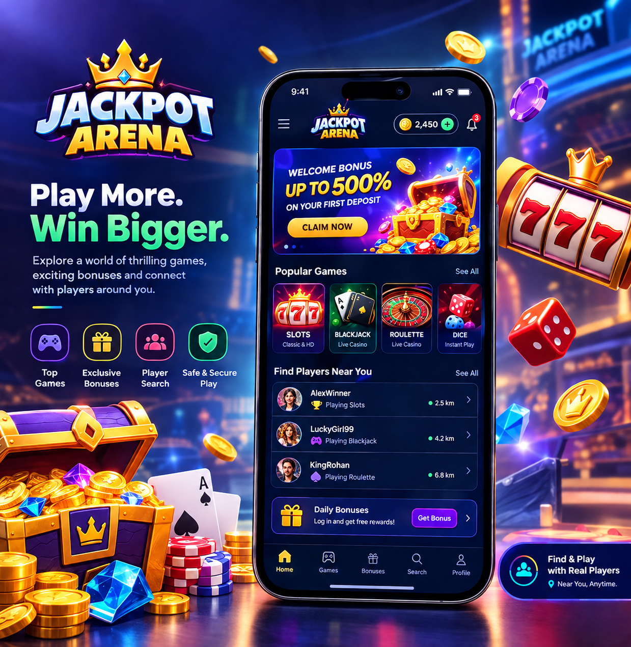 Casino game and bonus screens, illustrating the Jackpot Arena sample case study